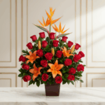 Arreglo de rosas rojas y lirios naranjas con aves del paraíso en maceta marrón sobre mesa de mármol, con fondo interior elegante