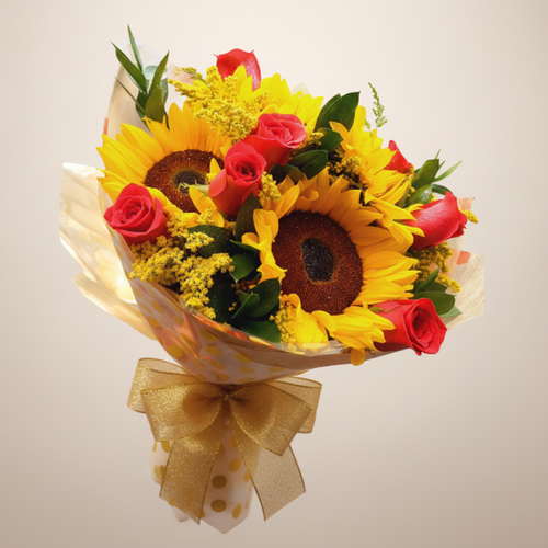 Bouquet of Red Roses and Sunflowers