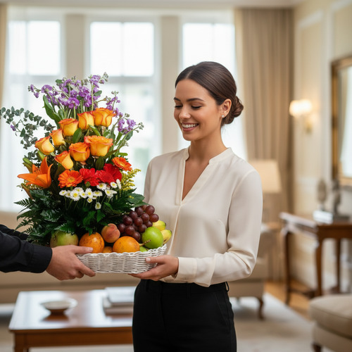 Mujer sonriente recibe una canasta blanca con arreglo de flores naranjas, rojas y moradas junto a frutas frescas en una sala de estar luminosa