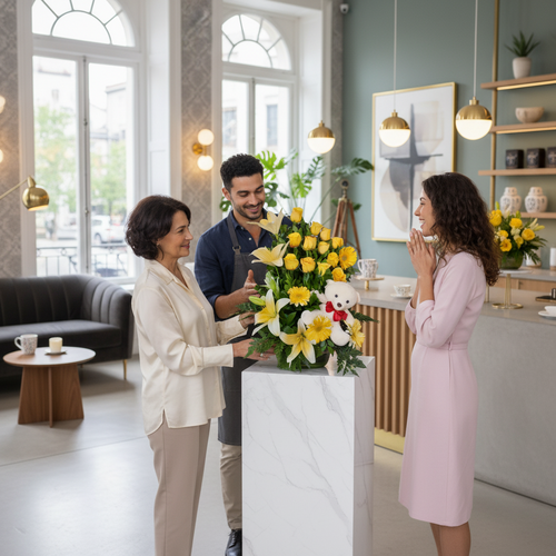 Florista entregando a una mujer un arreglo de flores amarillas con peluche blanco mientras otra mujer observa emocionada en una floristería elegante