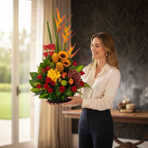 Mujer sonriente de pie en una sala luminosa sosteniendo un arreglo tropical con rosas rojas, girasoles, aves del paraíso y frutas como uvas, manzanas y piñas pequeñas sobre base negra