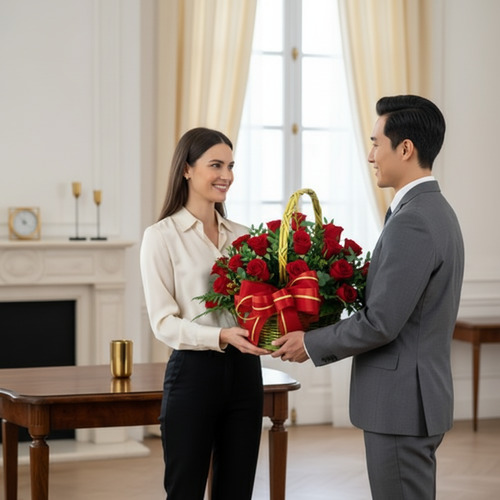 Hombre con traje gris entregando canasta de rosas rojas con lazo rojo a mujer sonriente en una sala elegante