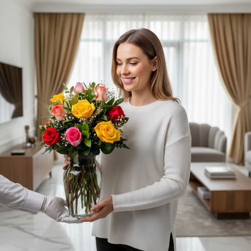Mujer joven con suéter blanco sonriendo mientras recibe un ramo de rosas rojas, amarillas y rosadas en un jarrón de vidrio dentro de una sala de estar luminosa