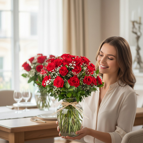 Mujer joven sonriendo mientras sostiene un jarrón de cristal con un gran ramo de rosas rojas y flores blancas sobre una mesa de comedor elegante