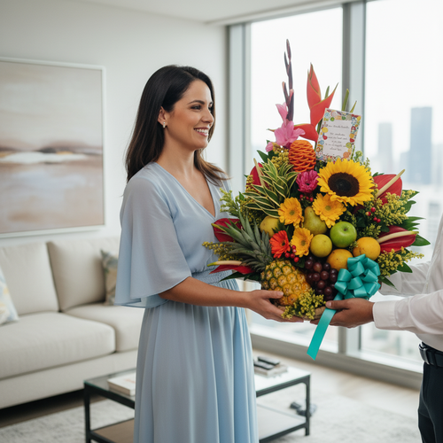 Mujer sonriente con vestido azul claro recibe un gran arreglo de flores tropicales y frutas con lazo turquesa en una sala de estar moderna con ventanales a la ciudad