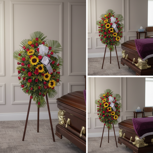 Arreglo fúnebre en forma de corona con girasoles amarillos y rosas rojas sobre caballete de madera, colocado junto a un ataúd en una sala velatoria elegante