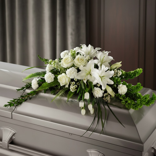 Centro de flores blancas con lirios, rosas y follaje verde colocado sobre un ataúd gris en una sala con cortinas grises