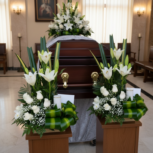 Ataúd de madera con asas doradas rodeado de arreglos florales blancos en una sala velatoria iluminada