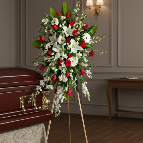 Corona fúnebre alta con rosas rojas, lirios blancos y follaje verde colocada junto a un ataúd de madera barnizada en una sala velatoria elegante