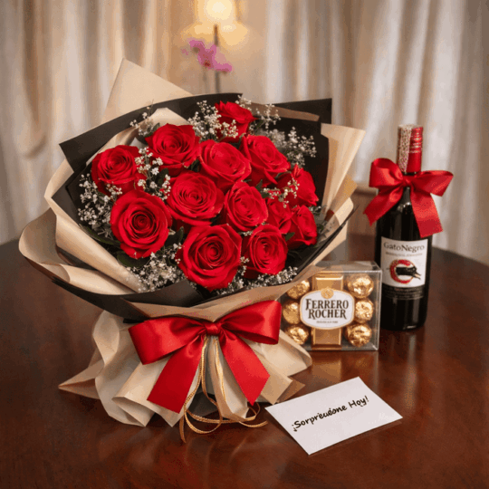 Bouquet of Roses, Wine and Chocolates