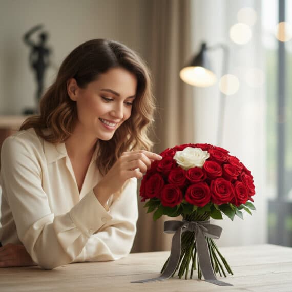 Mujer sonriente admirando el Arreglo Floral ALESSIA con 23 rosas rojas y 1 rosa blanca, atado con un moño gris, en un interio