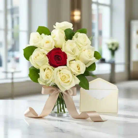 Arreglo floral CARLA con doce rosas de tallo largo, once blancas y una roja central, en jarrón de cristal con cinta satinada