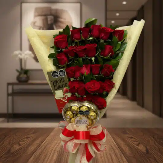 Arreglo floral Mi Flechazo con rosas rojas frescas y bombones Ferrero Rocher, ideal para regalar en ocasiones especiales.