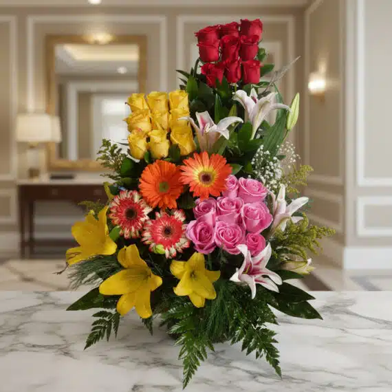 Arreglo floral exótico Paraíso con rosas rojas, amarillas y rosadas, lirios blancos y amarillos, y gerberas naranjas y rojas,