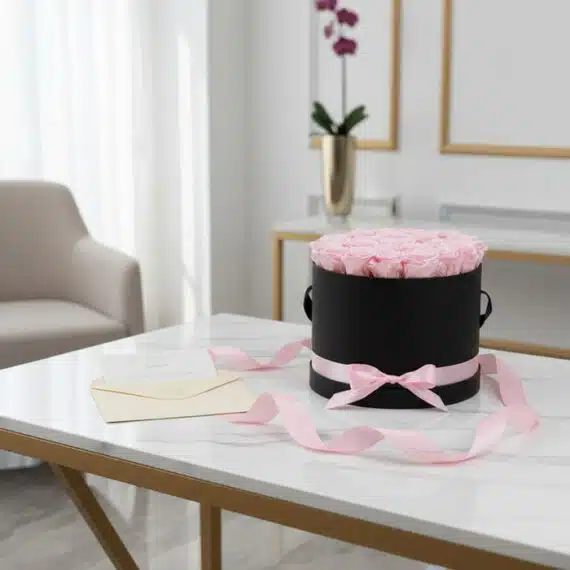 Arreglo Floral Francesca con 21 rosas rosadas en un cilindro negro, sobre mesa de mármol con tarjeta de regalo y cinta rosa.