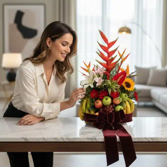 Mujer elegante admirando con deleite un Arreglo Floral con Frutas Eclipse, destacando flores exóticas, lirios, girasoles y fr