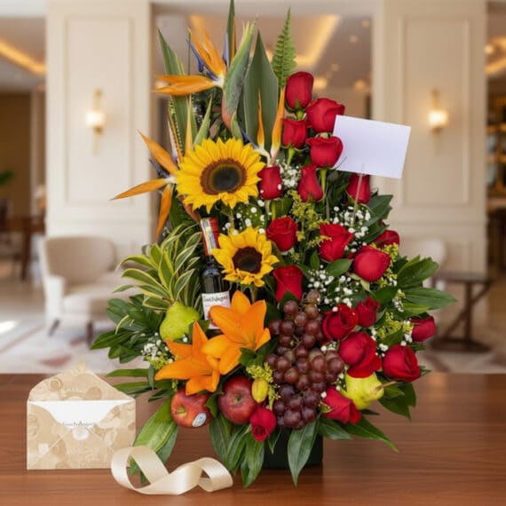 Arreglo floral de lujo con rosas rojas, girasoles, lirios, aves del paraíso, uvas, manzanas, peras y una botella de vino tint