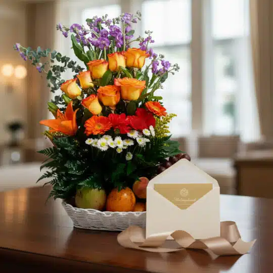 Arreglo floral Hadar con rosas naranjas, lirios, gerberas, margaritas, eucalipto y flores moradas, acompañado de frutas fresc