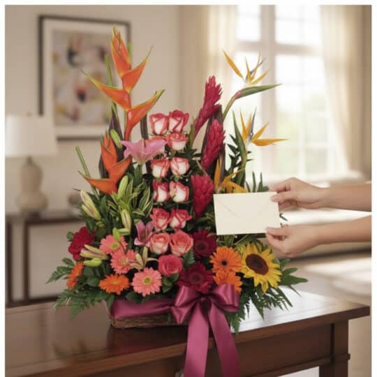 Arreglo floral PIA con rosas, lirios, heliconias y aves del paraíso, sobre una mesa de madera, con manos colocando una tarjet