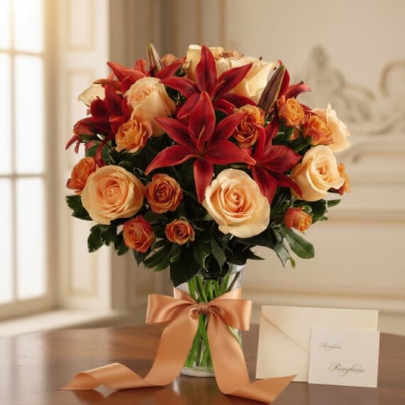 Arreglo floral ALESSANDRA con rosas naranjas, lirios rojos y follaje verde en jarrón de cristal con lazo satinado y tarjeta d