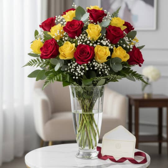 Arreglo floral LORENZA con 24 rosas rojas y amarillas, follaje verde, y gypsophila en un jarrón de cristal, acompañado de una