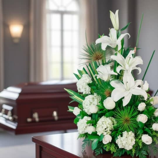 Arreglo floral fúnebre 'Adiós Para Siempre' con lirios blancos, rosas y hortensias en sala de velación moderna, luz natural s