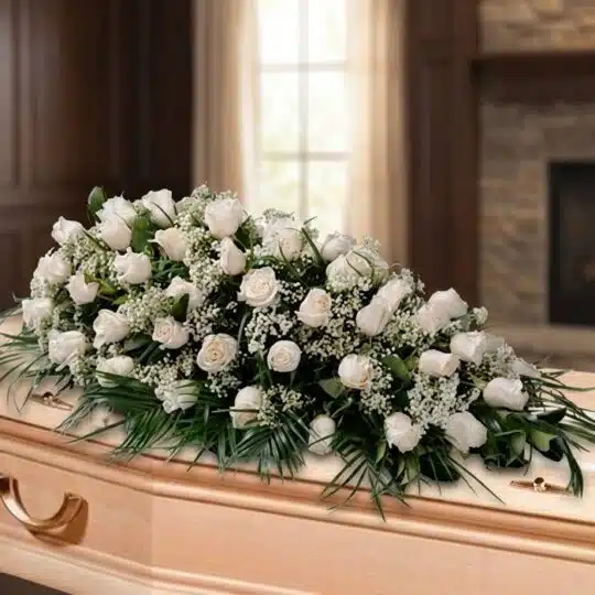 Arreglo fúnebre cubre caja con rosas blancas y follaje verde, sobre un ataúd de madera clara en una sala de velación premium