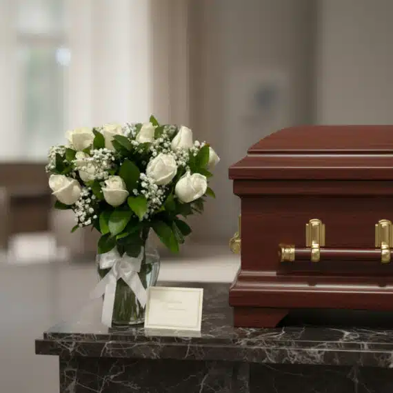 Arreglo floral fúnebre 'Pétalos del Alma' con rosas blancas y follaje, junto a un ataúd de madera en una sala de velación pre