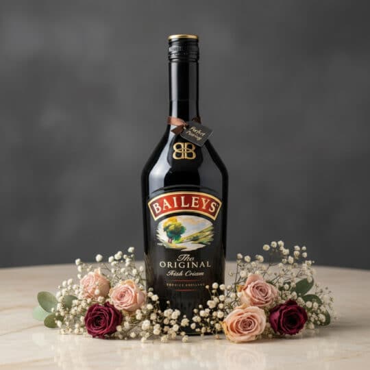 Botella de Baileys The Original Irish Cream de 700ml, rodeada por un delicado arreglo floral de rosas rosadas y burdeos, y fl