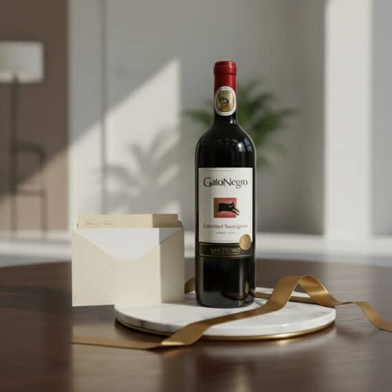 Botella de vino tinto Gato Negro Cabernet Sauvignon sobre una base de mármol, acompañada de una tarjeta de regalo elegante y