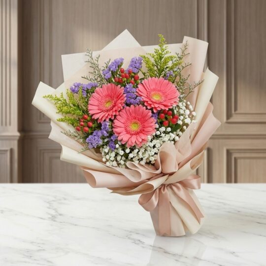 Bouquet Floral LIA con gerberas amarillas vibrantes, envuelto en papel coreano elegante, sobre una superficie de mármol pulid