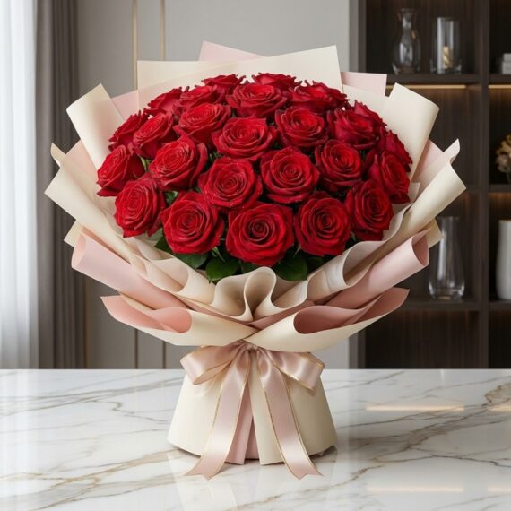 Bouquet Giordana: 24 Rosas Rojas Frescas para Regalar Amor Bouquet Giordana con 24 rosas rojas frescas y abiertas, envuelto en papel coreano beige y rosa, atado con un lazo de seda, so