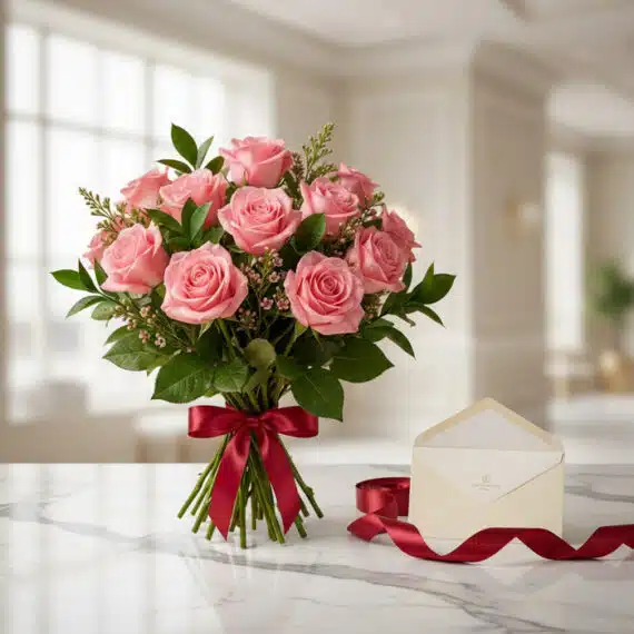 Bouquet Lionetta de 18 rosas rosadas frescas con follaje verde, atado con cinta de satén roja, sobre mármol blanco, junto a u