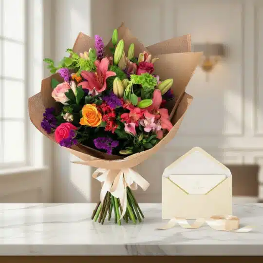 Bouquet SOFIA con rosas, lirios y flores primaverales, envuelto en yute, sobre mármol con tarjeta de regalo y cinta satinada.