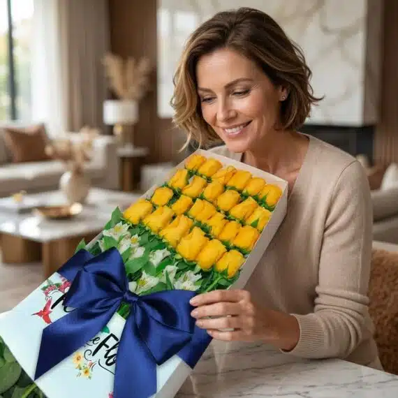 Mujer sonriente y elegante admirando una caja blanca con 24 rosas amarillas frescas y alstroemerias, atada con un lazo azul m