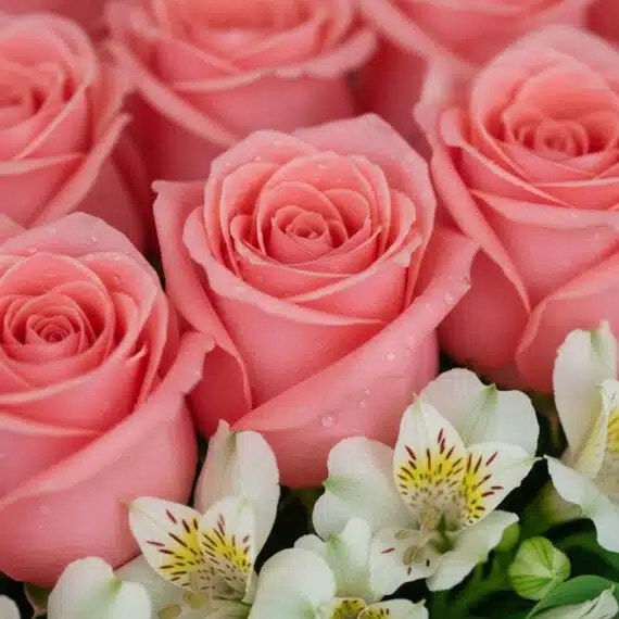 Primer plano extremo de una caja de 24 rosas rosadas frescas con gotas de rocío, mostrando texturas hiperrealistas y alstroem