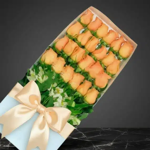 Caja de 24 Rosas Salmón: Elegancia y Frescura para Regalar Caja premium de 24 rosas salmón frescas con follaje verde y lazo de satén, sobre fondo oscuro elegante.