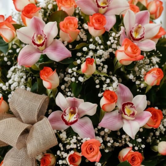 Primer plano extremo de una canasta de rosas y orquídeas con textura hiperrealista, gotas de rocío sutiles y colores vibrante