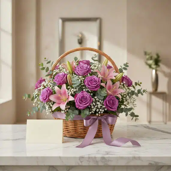 Cesta de flores AZURE con rosas moradas, lirios rosas y follaje verde, sobre una mesa de mármol con una tarjeta de regalo y c
