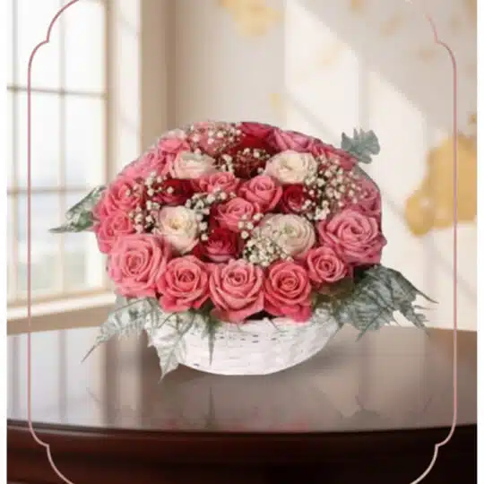 Cesta de Rosas Felicia con 21 flores bicolor, rosas rosadas y rojas, sobre una mesa de madera oscura con fondo elegante y luz