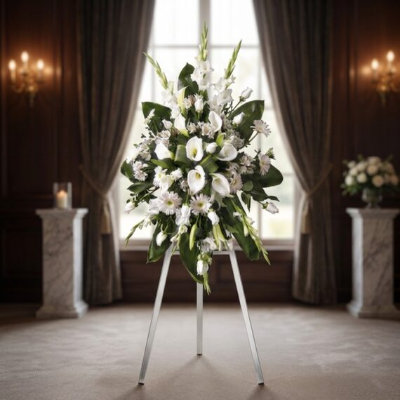 Impresionante corona fúnebre 'Homenaje Guadalupe' con lirios blancos, calas y margaritas, sobre un trípode en una sala de vel