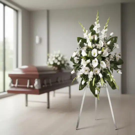 Corona fúnebre Homenaje Guadalupe con lirios blancos, gladiolos y calas, en sala de velación moderna con ataúd desenfocado al