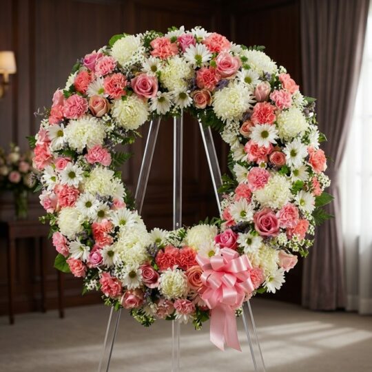 Corona fúnebre Homenaje a Jesús con rosas rosadas, claveles y crisantemos blancos, sobre un caballete en una sala de velación