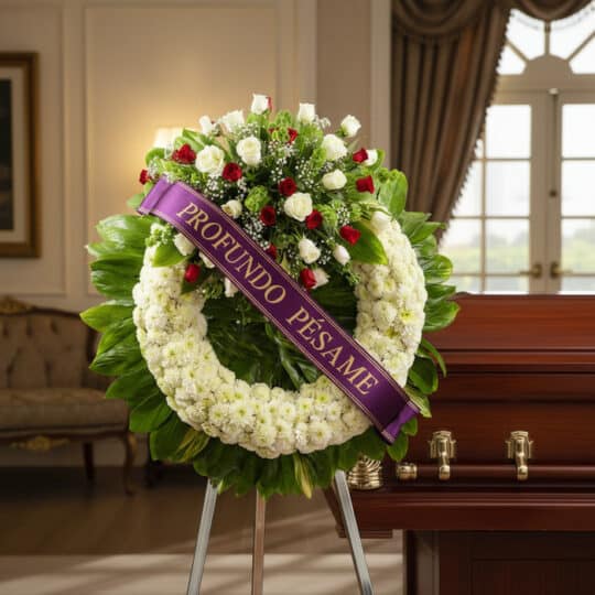 Corona fúnebre 'Legado de Hildegarda' con rosas blancas y rojas, y crisantemos blancos, sobre un caballete junto a un ataúd e