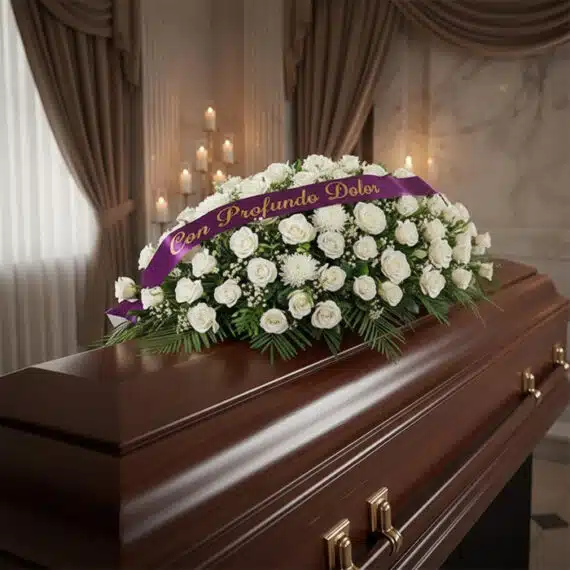 Cubre caja fúnebre Bernardita con rosas blancas y cinta morada 'Con Profundo Dolor' en sala de velación premium, luz difusa.