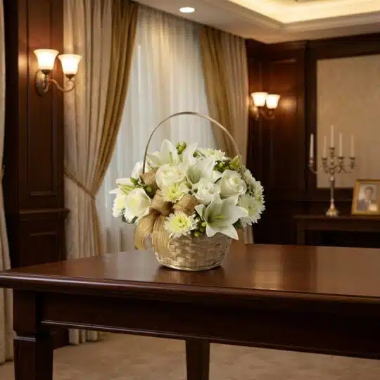Cubre Caja Fúnebre Elizabeth, un hermoso arreglo floral en tonos blancos con lirios y rosas, presentado en una cesta de mimbr