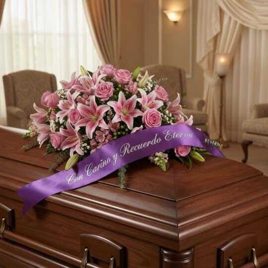 Cubre caja fúnebre Ifigenia con rosas y lirios rosados, y cinta morada con mensaje de condolencia en sala de velación premium