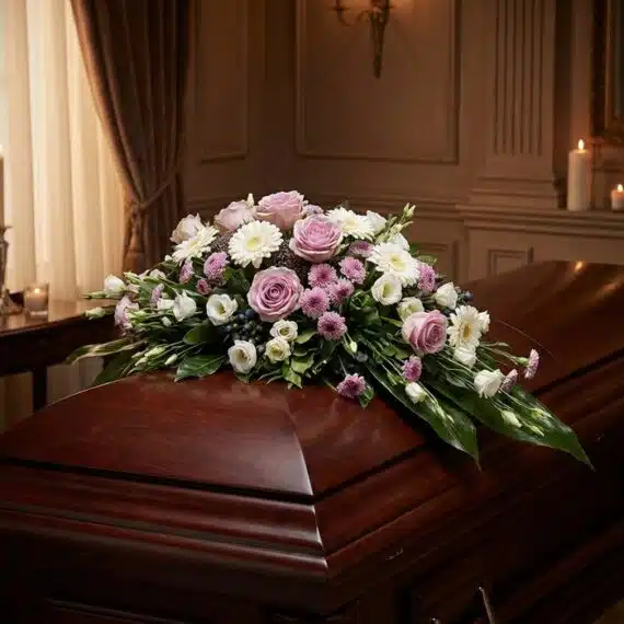 Sereno Cubre Caja Fúnebre "Jardín de Ines" 🕊️: Elegancia y Respeto Cubre caja fúnebre "Jardín de Ines" con rosas lilas, margaritas blancas y flores moradas sobre un ataúd de madera oscura en u