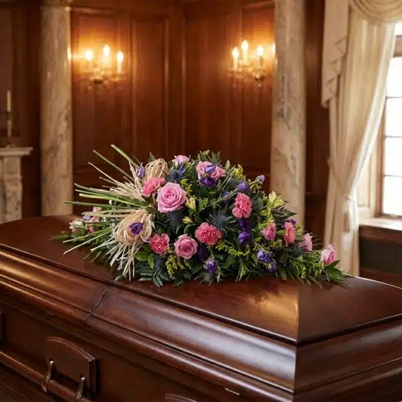 Cubre Caja Fúnebre Legado Sereno de Ivon: Elegancia y Respeto Floral Cubre caja fúnebre 'Legado Sereno de Ivon' con rosas rosadas, claveles y cardos azules sobre un ataúd de madera oscura en un
