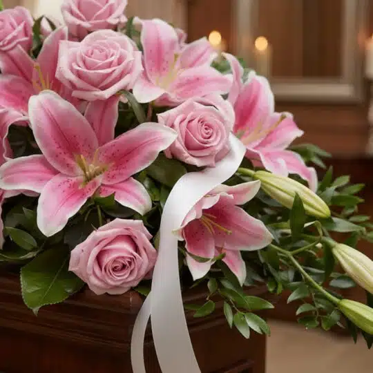Primer plano de un cubre caja fúnebre con rosas rosadas, lirios rosados y follaje verde, con una cinta blanca satinada. Rocío